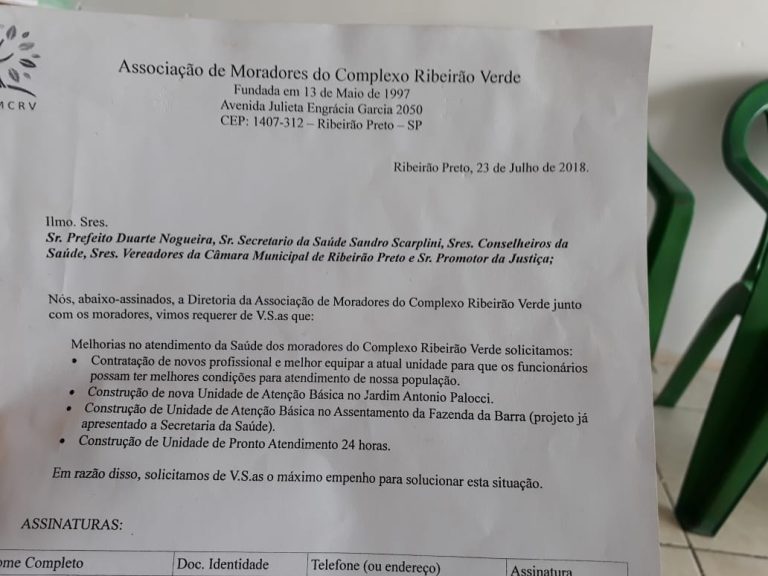 MORADORES DO COMPLEXO RIBEIRÃO VERDE COLHEM ASSINATURAS PARA COBRAR MELHORIAS NA SAÚDE