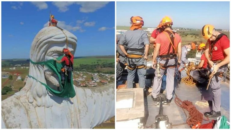 Bombeiros em homenagem aos trabalhadores da saúde instalam máscara na estátua de Cristo em Sertãozinho