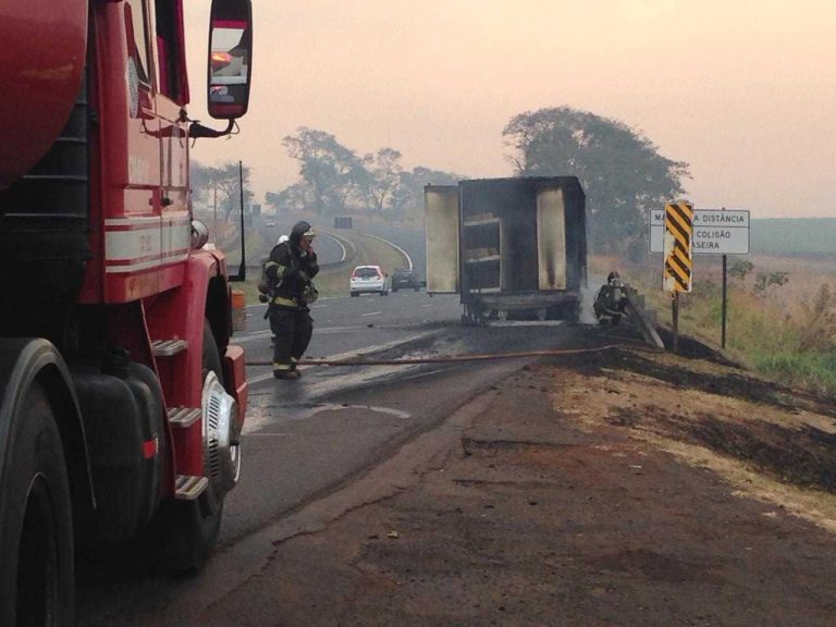 Caminhão carregado de frango pega fogo na Cândido Portinari