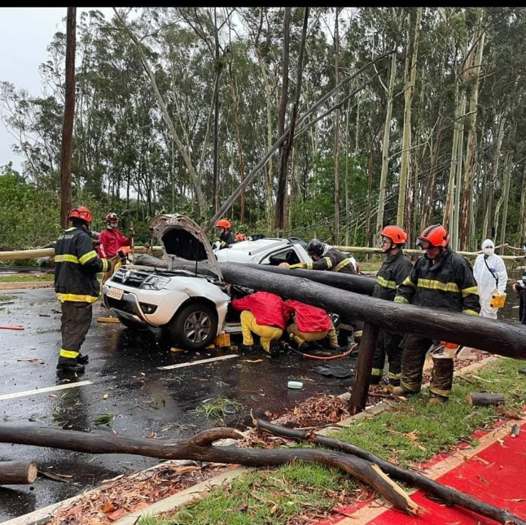 Mulher fica presa nas ferragens após árvore cair em veículo na avenida Adelmo Perdizza