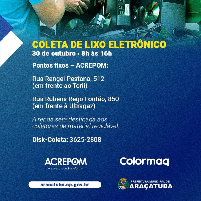 Coleta de lixo eletrônico de Araçatuba será realizada no sábado
