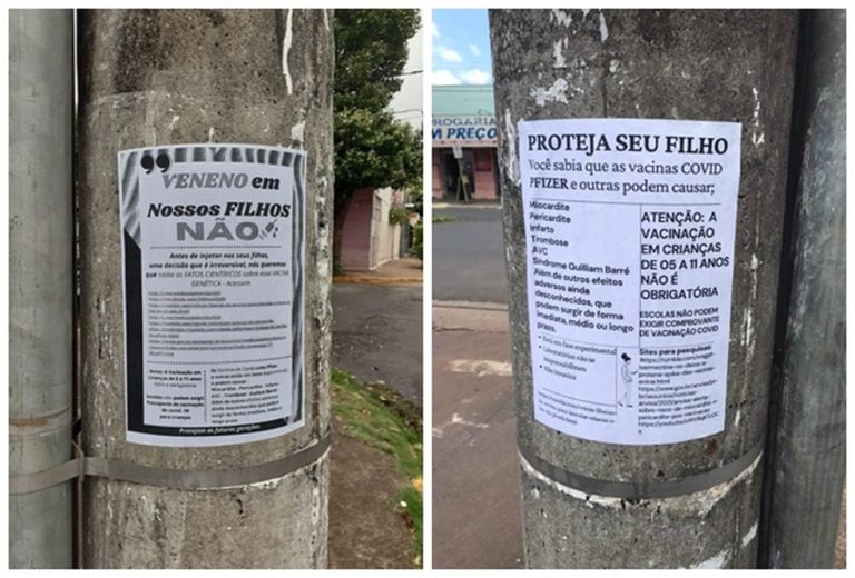 Cartazes espalham desinformação sobre vacinação infantil em postes de Araçatuba
