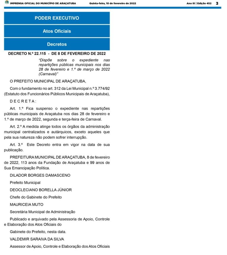 Carnaval modifica funcionamento de órgãos públicos municipais de Araçatuba