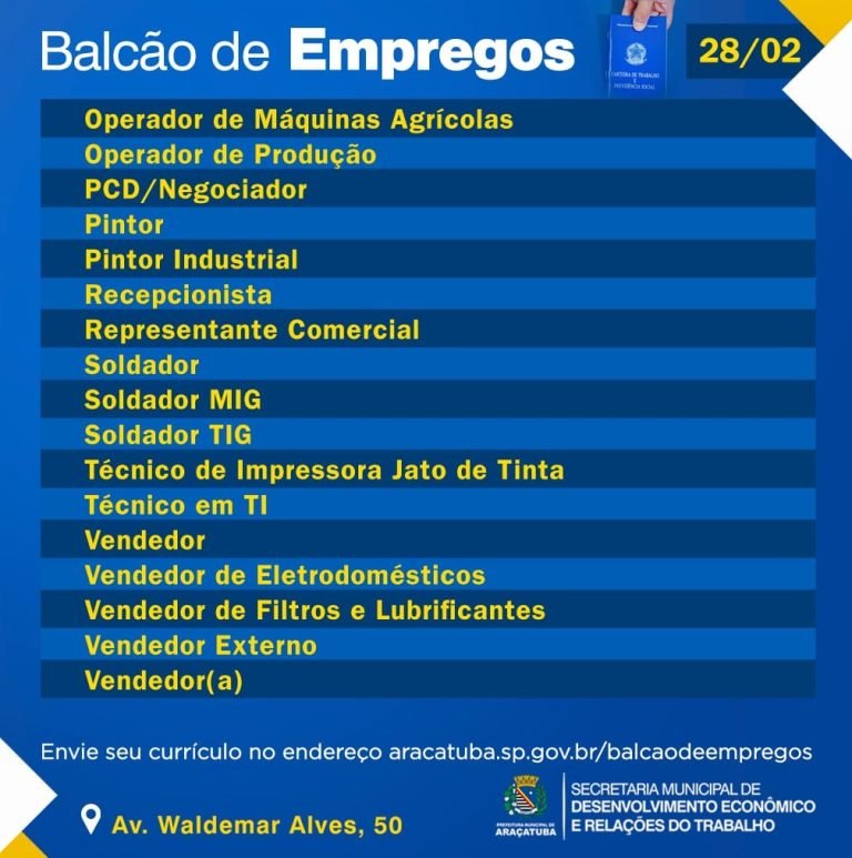 Balcão de Empregos de Araçatuba anuncia 55 vagas disponíveis para contratação imediata