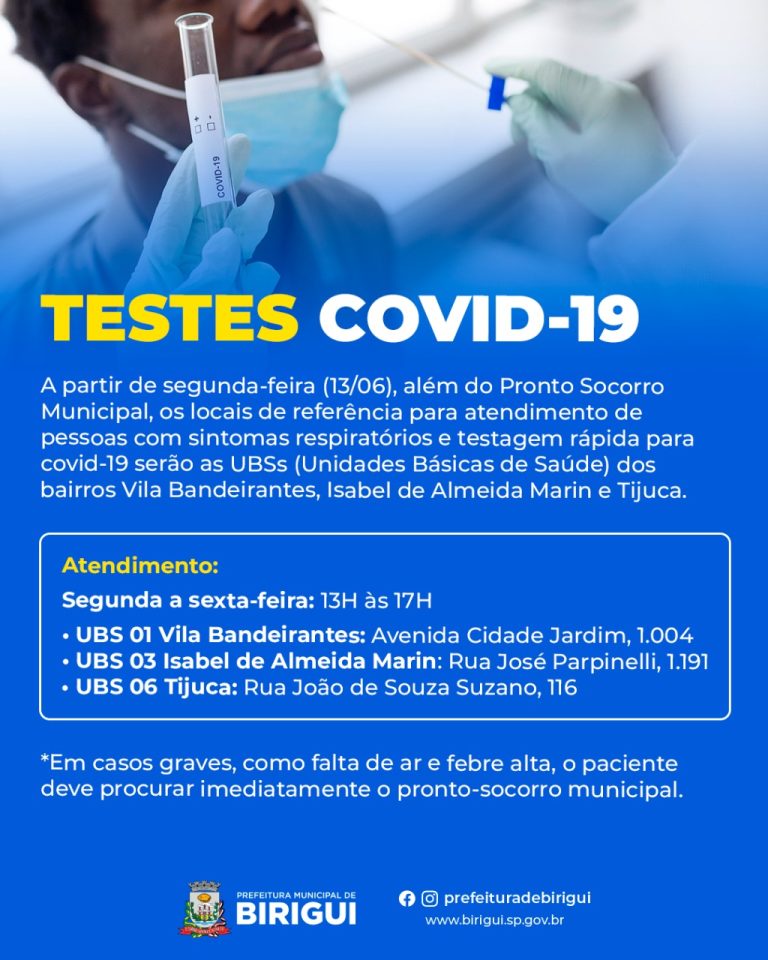 Secretaria de Saúde de Birigui define novos pontos de referência para testagem rápida para covid-19