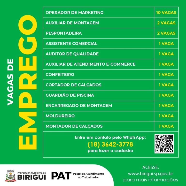 O PAT de Birigui está disponibilizando vagas de emprego