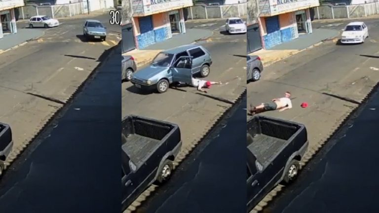 Vídeo: Motorista é flagrado caindo do próprio carro em movimento em Franca