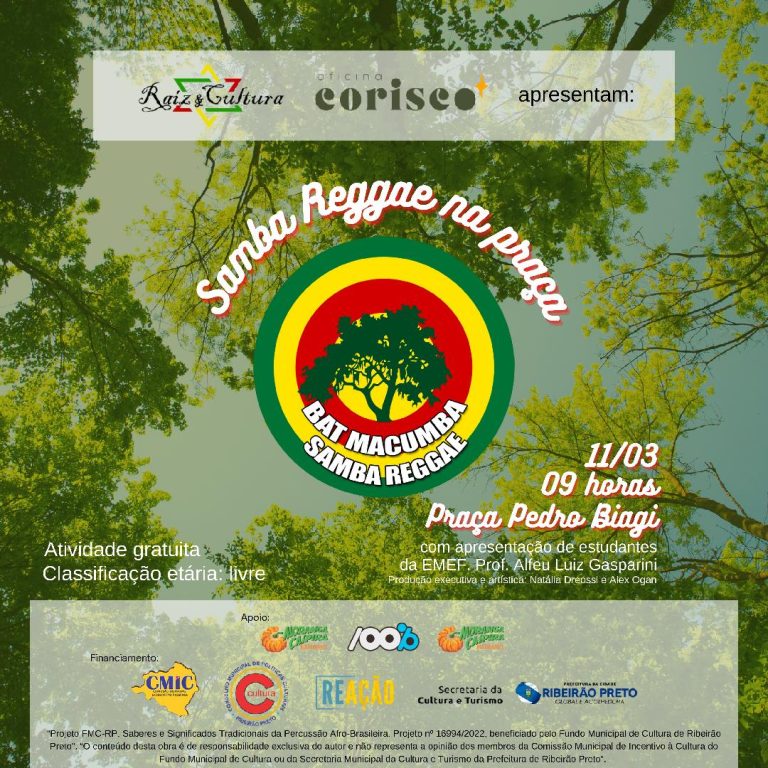 Hoje tem Samba Reggae na Praça Pedro Biagi, no bairro Ipiranga