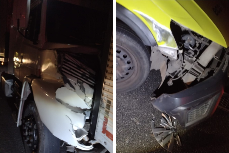 Viatura de concessionária da Anchieta fica danificada após colisão provocada por carreta em rodovia