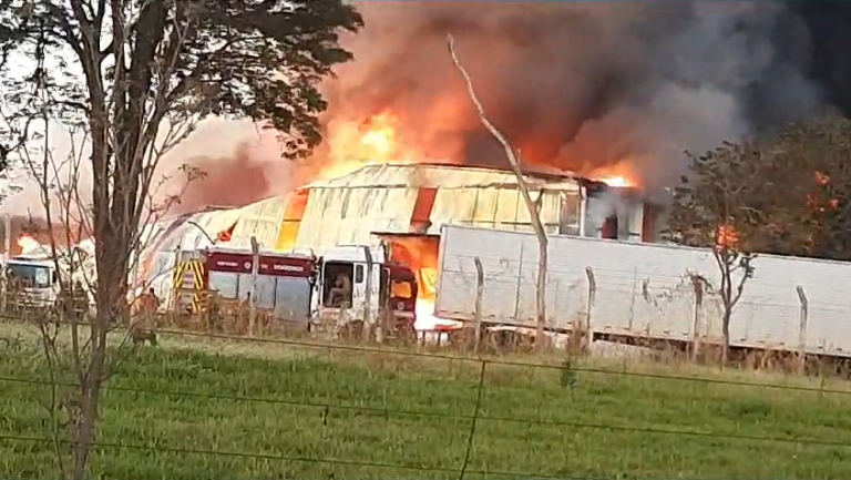Vídeo flagra o momento em que incêndio destrói depósito de matéria prima para fabricação de ração animal