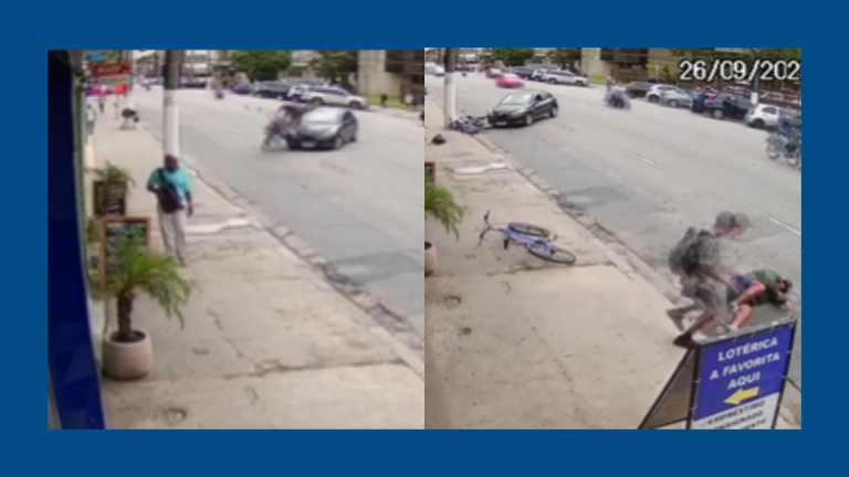 Motociclista é “arremessado” após bater em carro, no Centro de Santos