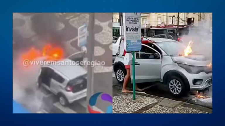Carro pega fogo na orla da praia e assusta moradores, em Santos