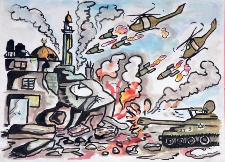 Desenho de uma criança palestina sobre a situação de Gaza