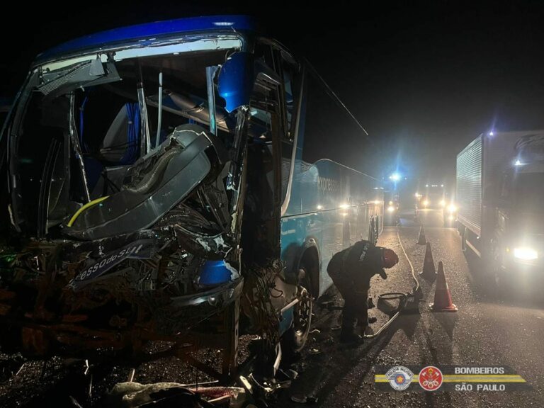 Motorista fica preso após acidente entre ônibus e caminhão