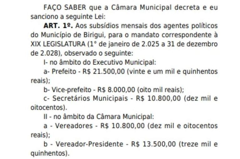 Prefeito de Birigui sanciona lei que reajusta subsídios de autoridades municipais em 2025