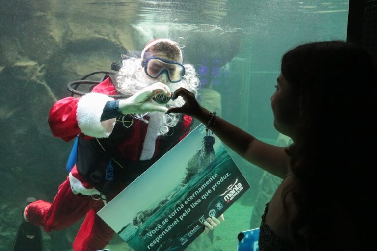 Papai Noel mergulha no Aquário de Santos para conscientizar sobre a vida marinha