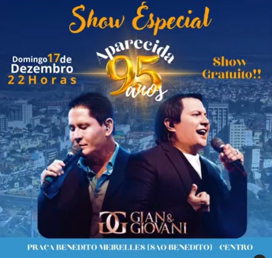 Gian & Giovani faz show gratuito neste domingo em Aparecida