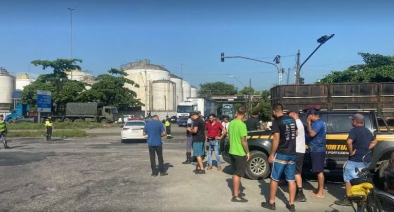 Caminhoneiros fazem paralisação por melhorias na Alemoa, em Santos