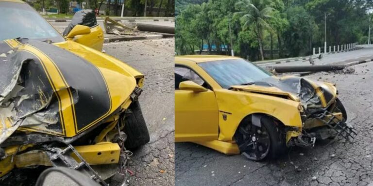 Transformou em sucata: Camaro fica destruído após acidente