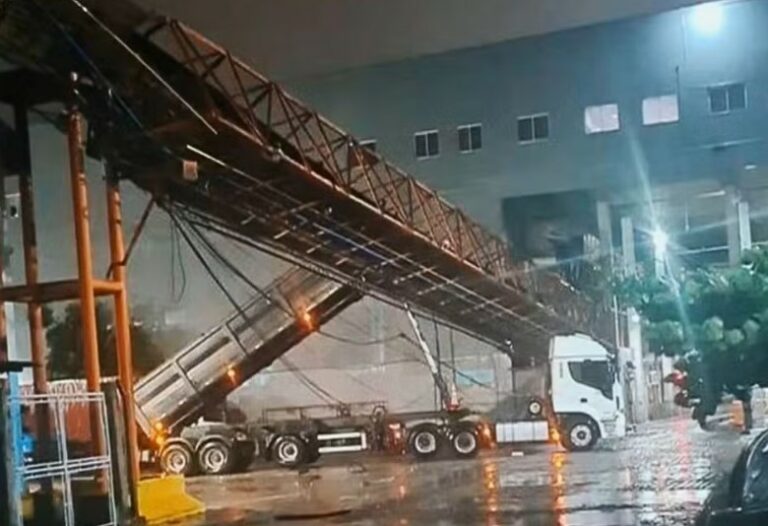 Caçamba levantada de caminhão basculante  atinge esteira em área do porto