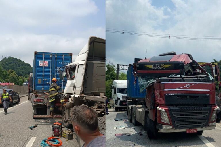 Acidente com três carretas causa interdição de rodovia do litoral paulista