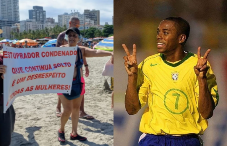 Grupo de manifestantes pede a prisão de Robinho em Santos