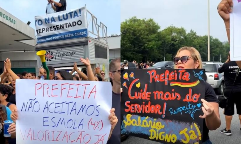 A paralização continua em Praia Grande; Servidores públicos reivindicam o reajuste salarial