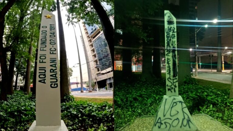 Totem em homenagem aos 113 anos do Guarani é pichado horas depois da inauguração