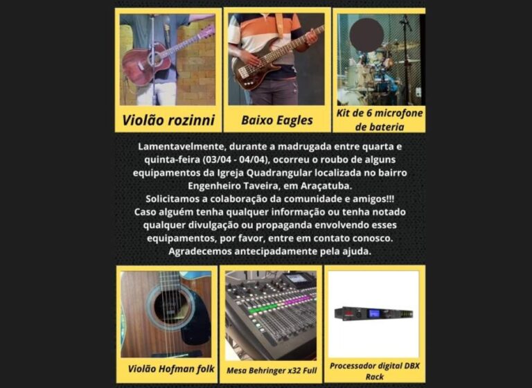 Terceira igreja é invadida e tem equipamentos furtados em Araçatuba