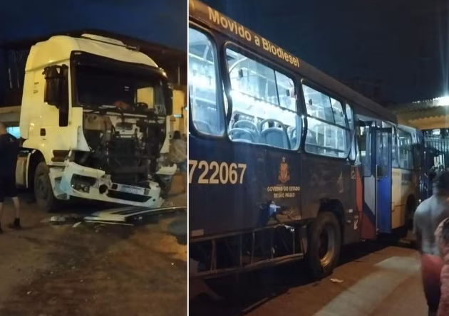 Seis passageiros ficam feridos após acidente envolvendo ônibus e caminhão em São Vicente