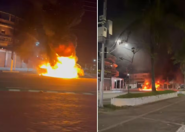 Caminhão pega fogo durante serviço em Guarujá; VÍDEO