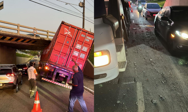 Praia Grande: Caminhão que excedia altura limite tenta passar em viaduto e fica preso