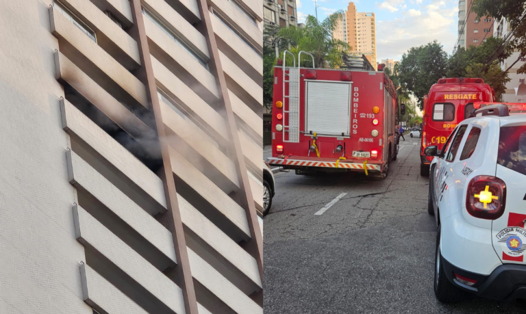 Sala comercial de Santos pega fogo e prédio é evacuado às pressas; VÍDEO