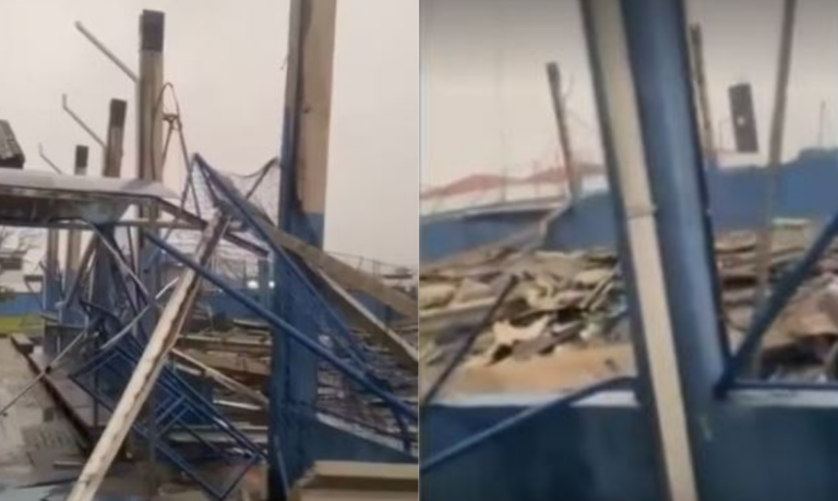 Estrutura de quadra de escola municipal desaba com forte chuvas no litoral de SP; VÍDEO