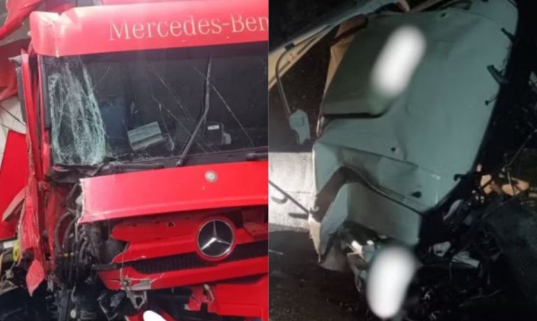 Três carretas colidem na Anchieta e uma carga cai em ribanceira