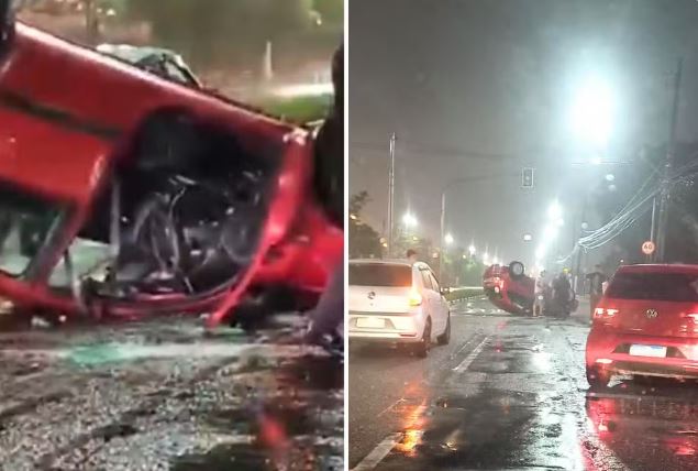 Um carro com duas mulheres capota em Guarujá