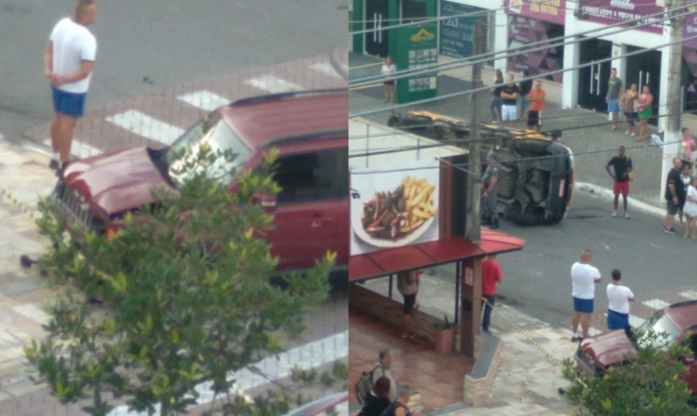 Van escolar fica tombada após acidente em Praia Grande na manhã desta quinta-feira