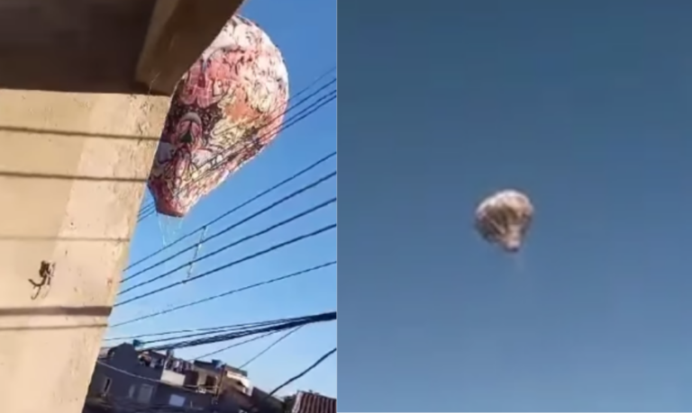 Balão é visto caindo e atinge casa de comunidade em São Vicente; VÍDEO