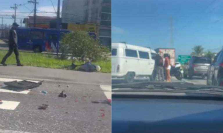 Mulher tem perna quebrada após acidente envolvendo um carro e uma kombi em Mongaguá