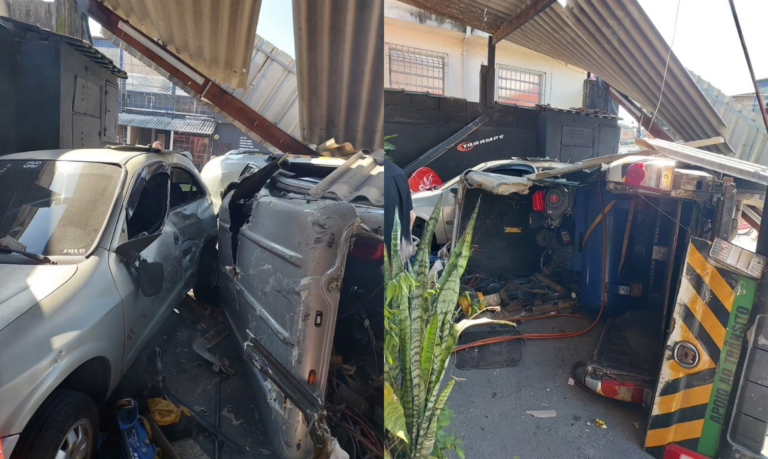 Vídeo mostra momento em que carro capota e invade loja em São Vicente; Motorista não tinha habilitação