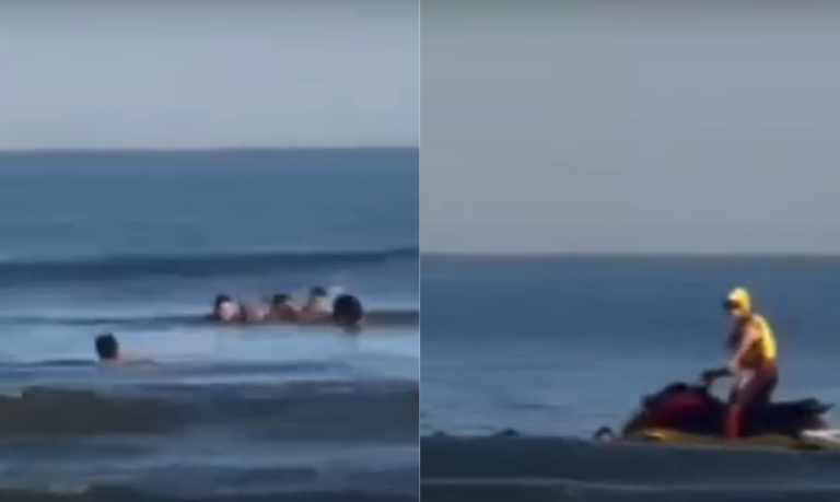 PM tira a farda para entrar no mar e resgata mãe e filha em situação de afogamento em Praia Grande