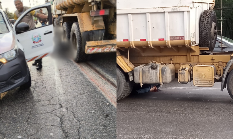 Acidente de trânsito em Praia Grande deixa motociclista morto preso à rodas do caminhão