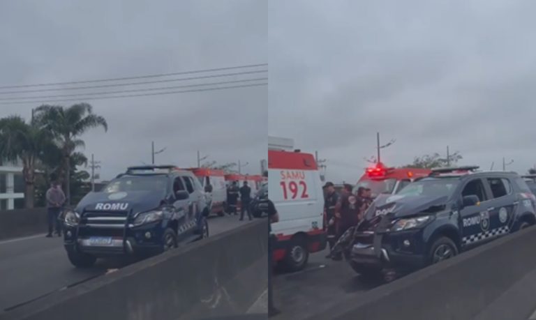 Viaturas da ROMU de Praia Grande engavetam na Expressa Sul; VÍDEO