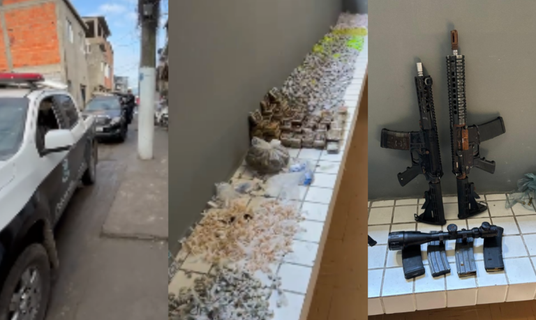 Responsável por guardar fuzis do crime é identificado e polícia civil apreende armamento e drogas em Santos; VÍDEO