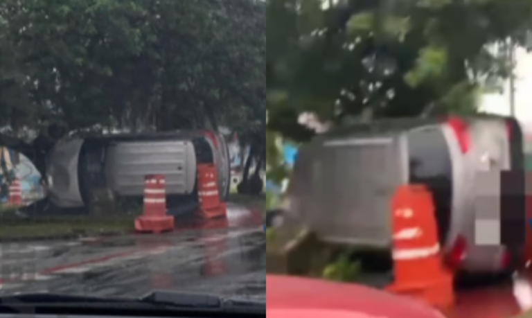 Carro perde o controle e capota em cruzamento do canal 1 em Santos
