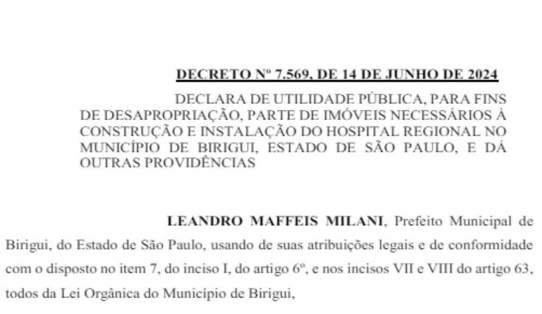 Decreto declara áreas para desapropriação e instalação de hospital regional em Birigui
