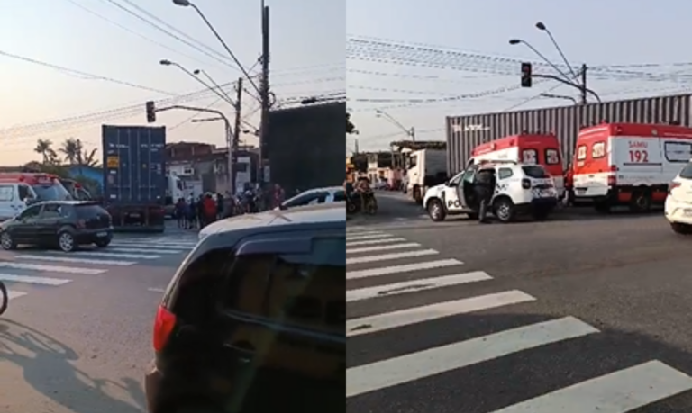 Acidente deixa motociclista morto embaixo de caminhão em cruzamento de São Vicente