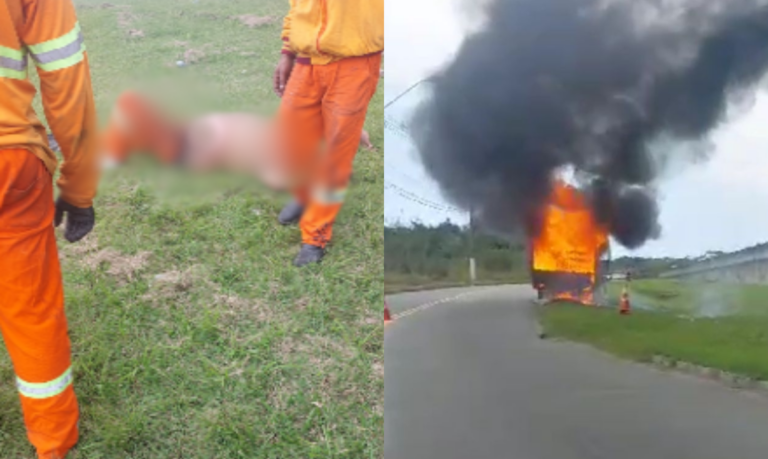 Caminhão pega fogo e motorista sofre queimadura de segundo grau em São Vicente