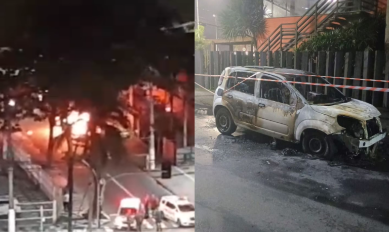 Carro pega fogo em São Vicente e assusta moradores com barulho de explosão