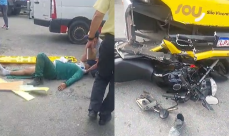 Acidente envolvendo moto e ônibus municipal deixa motorista ferida em área continental de São Vicente